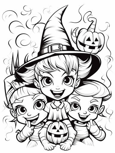 Halloween coloring pages for kids happy Halloween, in the style of witchy academia, caricature faces, punctuated caricature, simplified 3:4