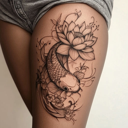 Japanese koi fish and lotus flower inner thigh tattoo sketch