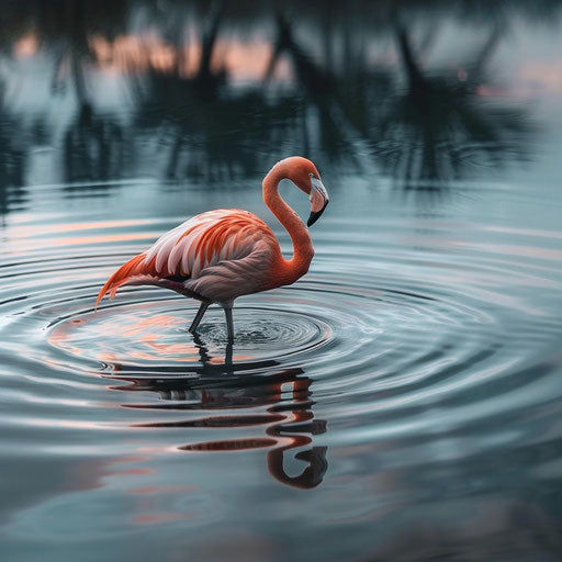 Flamingo walking on water, creating perfect ripples
