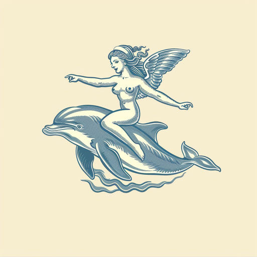Playful flat tattoo sketch of Venus riding a dolphin, azure blue and white, clipart style
