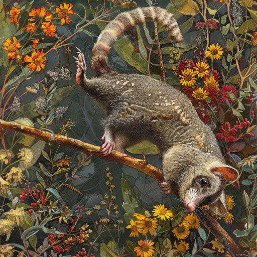 White-tail possum hanging from branch