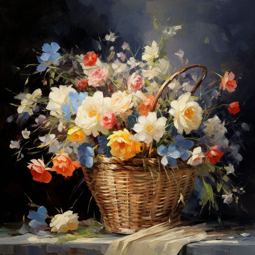 Flowers in wicker basket on dark gray background