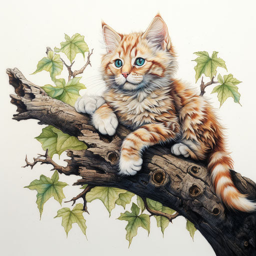 Manx cat laying on a tree branch