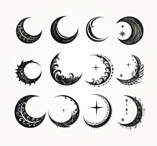 Moon and crescent tattoos on white background