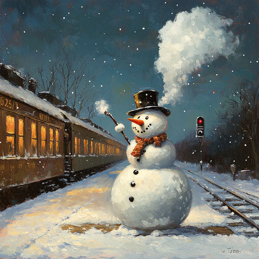 Snowman welcoming travelers at the snowy station