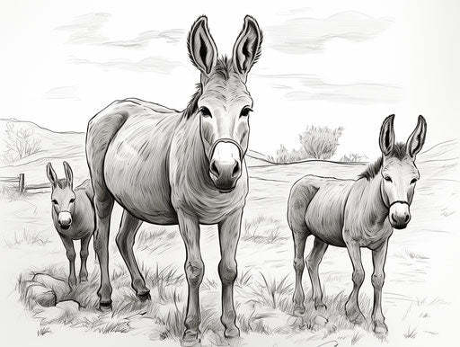 Coloring page donkey family with baby