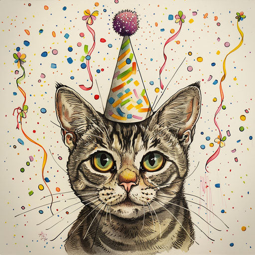 Festive sketch of cat with party hat, colorful confetti