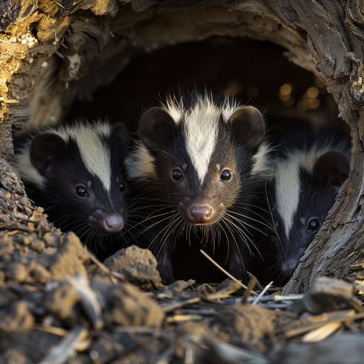 Eastern spotted skunk at burrow entrance, young ones peeking out, sunset.