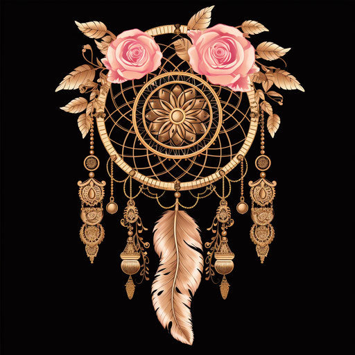 Pink and gold rose in dream catcher illustration