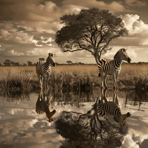 Zebras in a tranquil natural setting, serene, in the style of Gregory Colbert