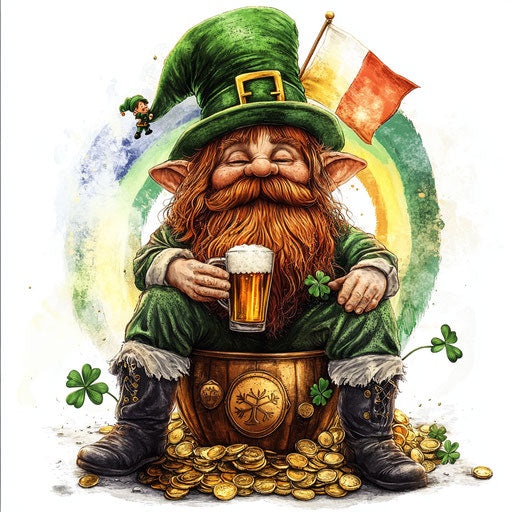 Saint Patrick Gnome with Beard, Beer, and Shamrocks