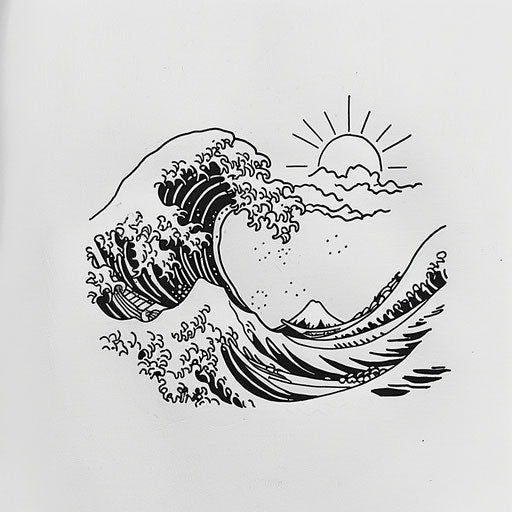 Flat tattoo sketch of a wave and sun in one continuous line