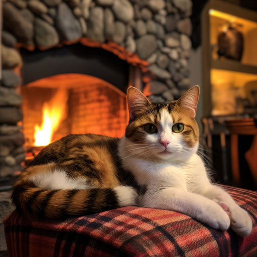 Calico cat in front of a fire in a fireplace
