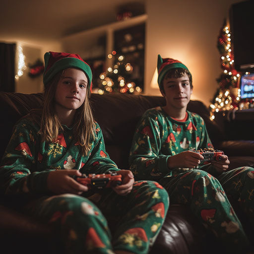 Teenagers in elf pajamas, playing video games and snacking on Christmas cookies during a holiday break