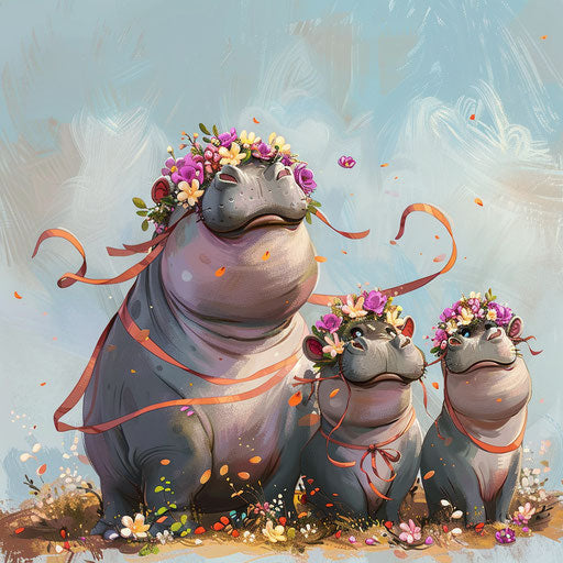 Festive scene of hippos adorned with flowers and ribbons