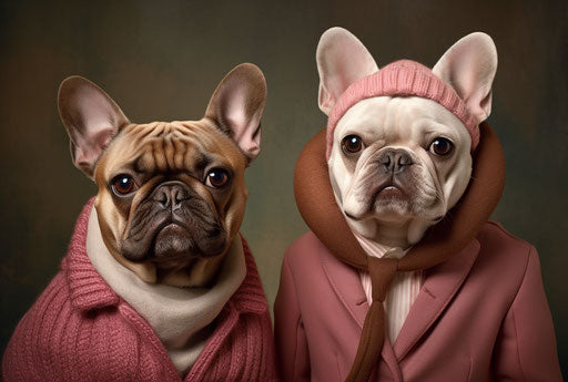 French bulldogs and their owners, in light maroon and light gold