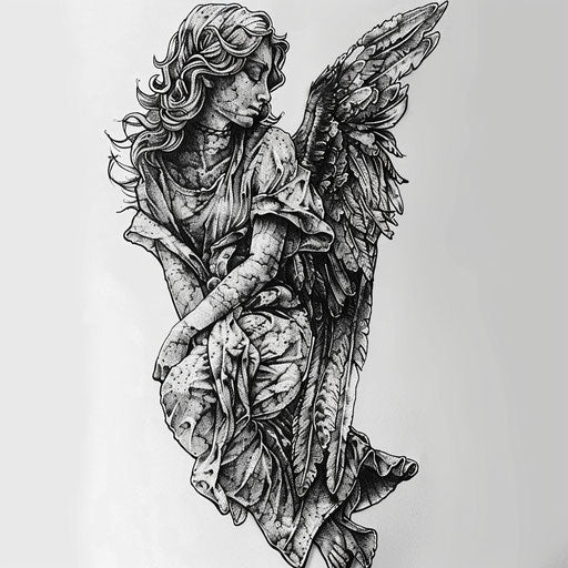 Photorealistic guardian angel tattoo on pure white background