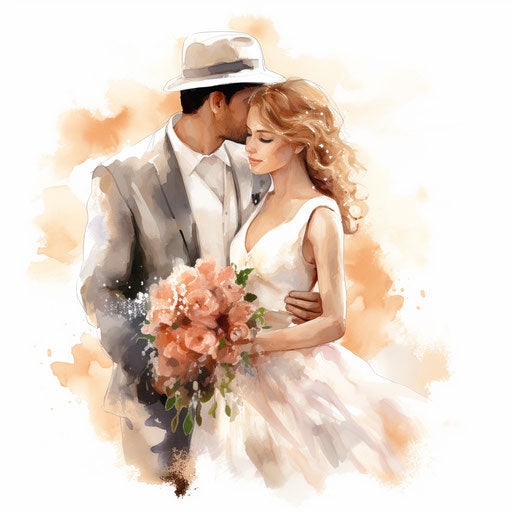 Bride and groom clipart in the style of Impressionistic Art, on white background