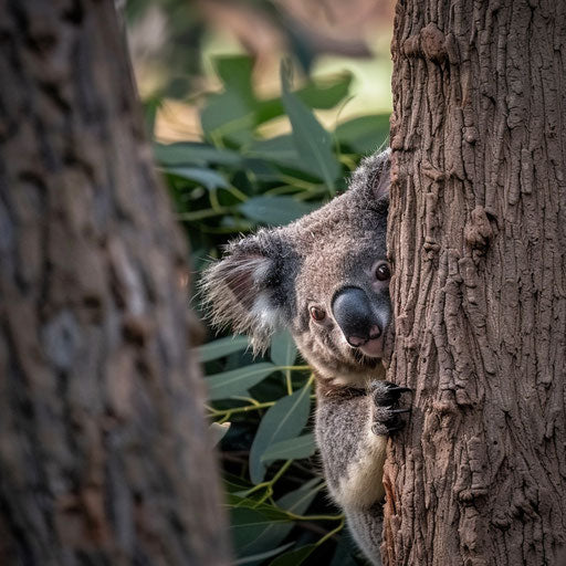 Playful hide and seek of a koala behind a tree