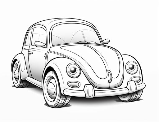 Kids coloring pages: beetle and car in pictorial style