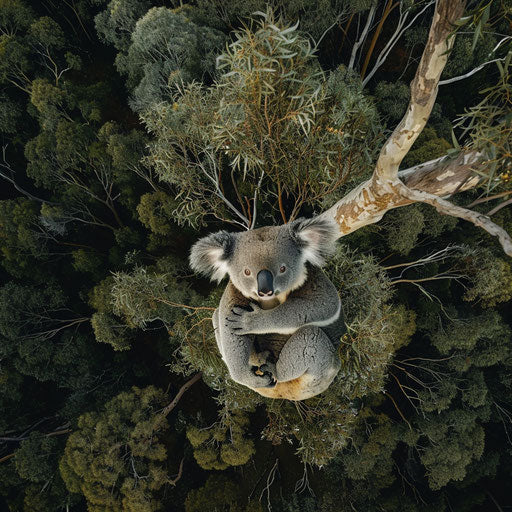Aerial view of a koala in a eucalyptus tree
