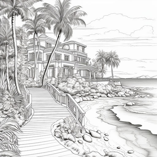Tropical coast with palm trees and houses coloring page