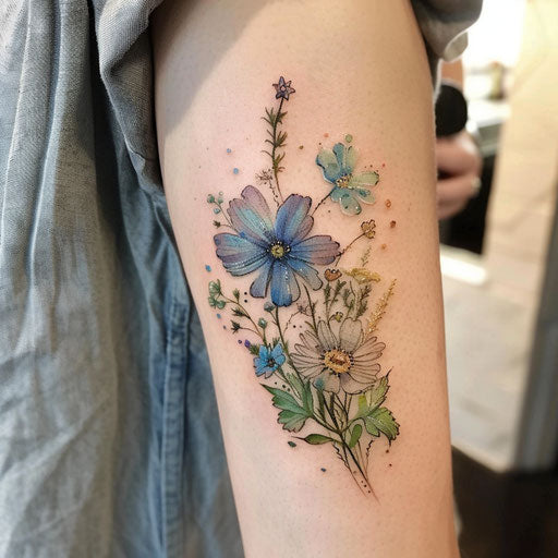 Wildflower tattoo with rain, watercolor effect, blues and greens, serene