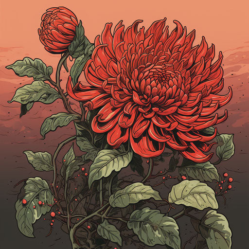 Red chrysanthemum and leaf, ink and color style