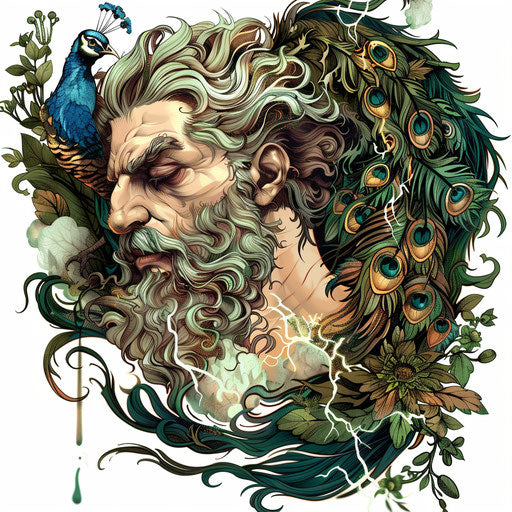 Art nouveau inspired Zeus with flowing natural elements, lightning, and peacocks, in a decorative style.
