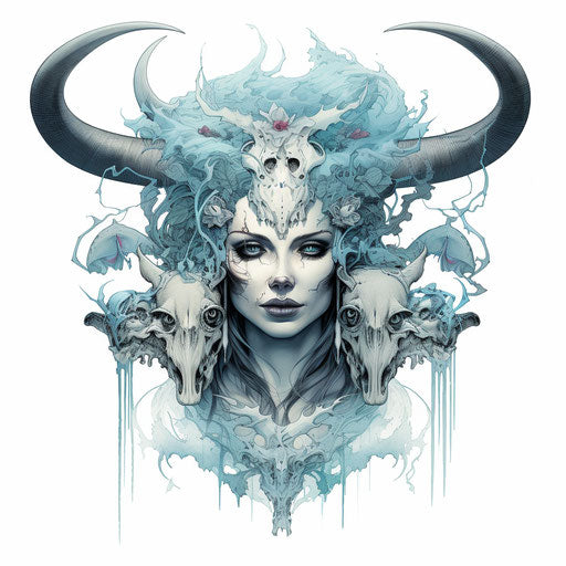 Woman with skull, bull, and wings on head, contemporary style