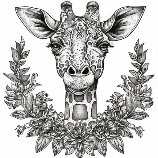Ornate baroque giraffe with intricate details, coloring book page