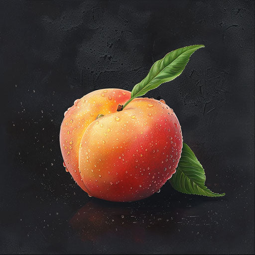 Peach clipart rendered in a realistic style on a flat, dark charcoal background