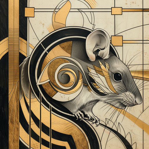 Dramatic tattoo sketch of a rat in an art deco style