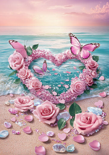 3D diamond painting depicting a heart-shaped beach with pink roses and a butterfly in the middle, surrounded by crystal-clear pebbles with roses on top and bottom, against a pink sea background, in a photorealistic style.