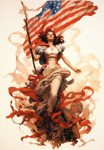 American girl Americana style tattoo, Frank Frazetta, red and gold, lively movement