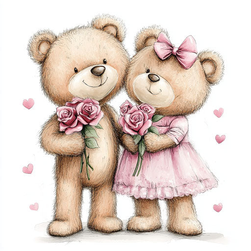 Cute teddy bear couple holding roses, wearing pink dress and bow on head, white background, digital art, love in the air