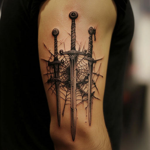 Spider web elbow tattoo with medieval weaponry
