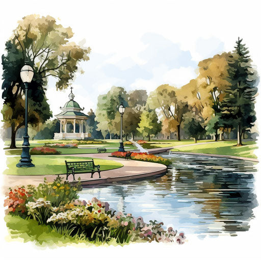 Park illustration in the style of Oil painting, on white background