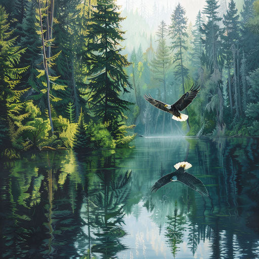 American eagle soaring over a tranquil lake in the Pacific Northwest forest