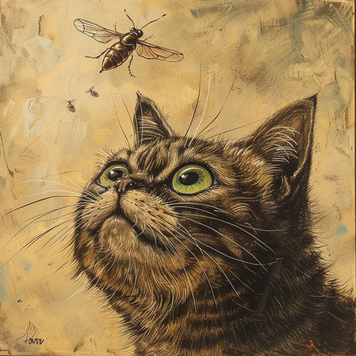 Louis Wain cat staring at an insect