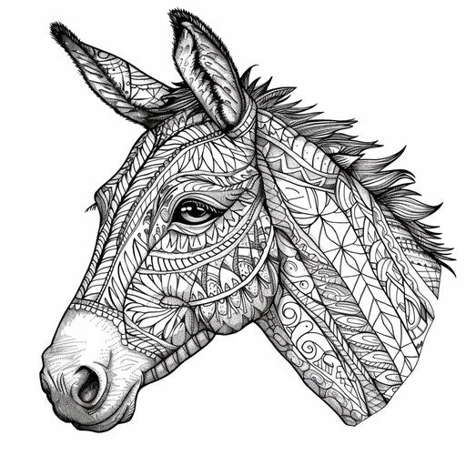 Detailed zentangle-style illustration of a donkey's head