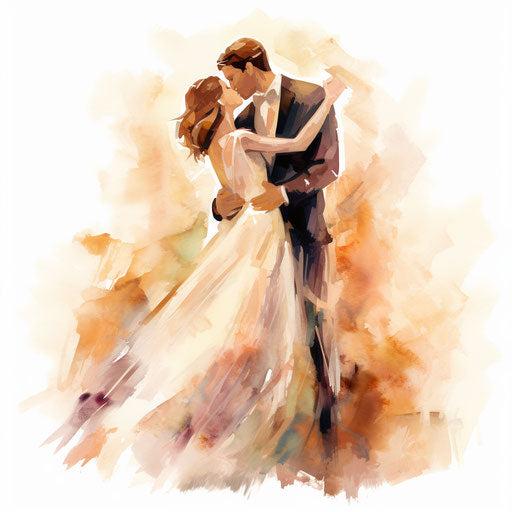 Bride and groom clipart in the style of Impressionistic Art, on white background