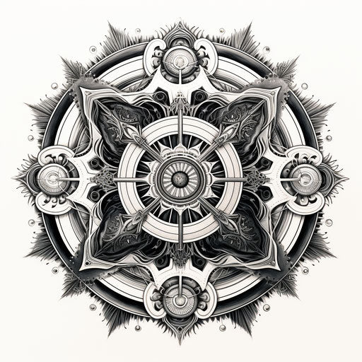 Ornate mandala with orbital motif, intricate inking style