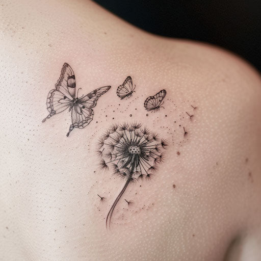 Butterfly and dandelion with flying seeds tattoo, whimsical style