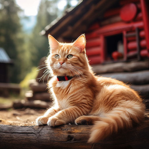 Ginger cat sitting in front of a log cabin