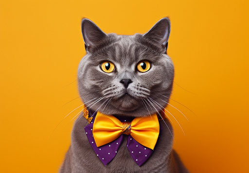 a grey cat wearing a bow tie on a yellow background