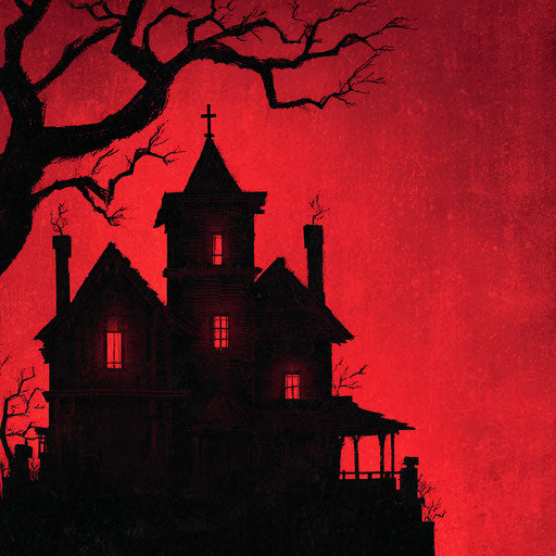 Haunted house with red lights and a spooky atmosphere