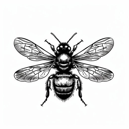 Simplistic yet striking tattoo sketch of a queen bee in black and white, focusing on bold, flat outlines