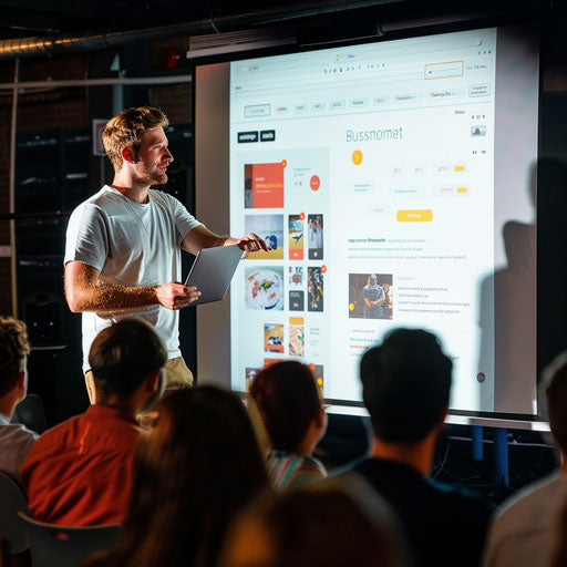 Detailed business plan presentation on large screen