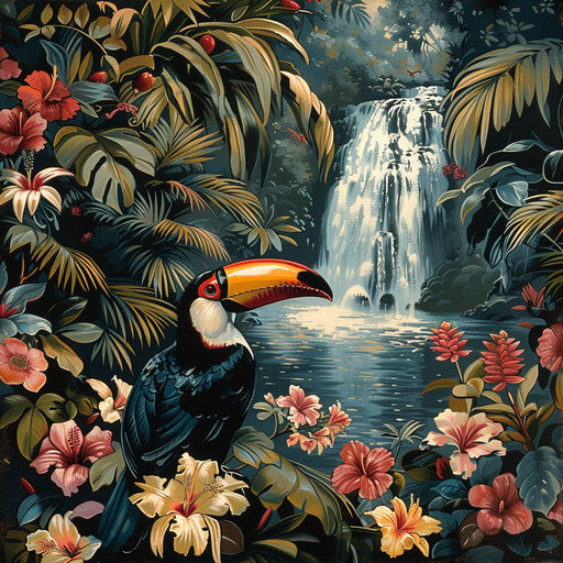 Toucan among tropical flowers and waterfall